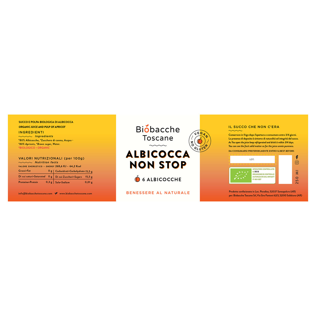 Succo Albicocca Non Stop - 6 x 250ml. pezzi - Biobacche Toscane - immagine 2